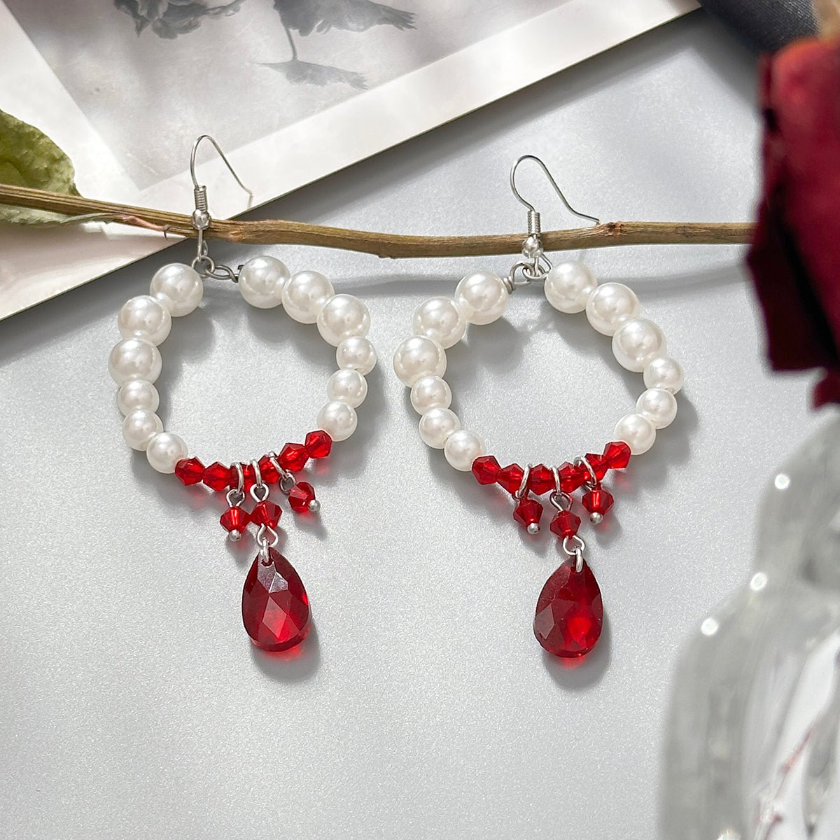 Chic Pearl Hoop Dangle Crystal Blood Drop Earrings - ArtGalleryZen