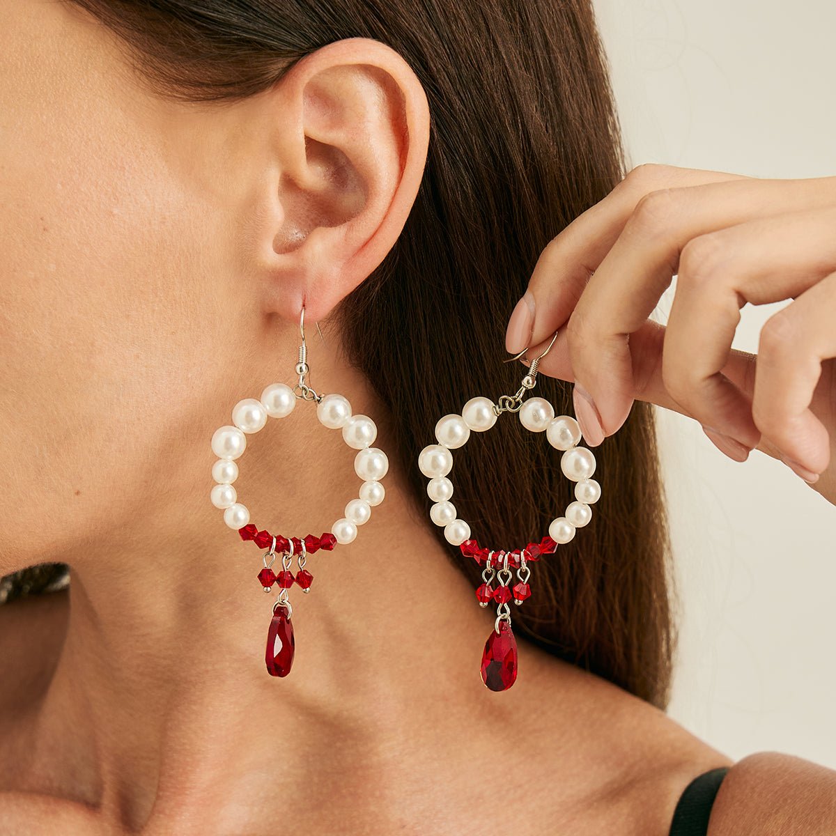 Chic Pearl Hoop Dangle Crystal Blood Drop Earrings - ArtGalleryZen