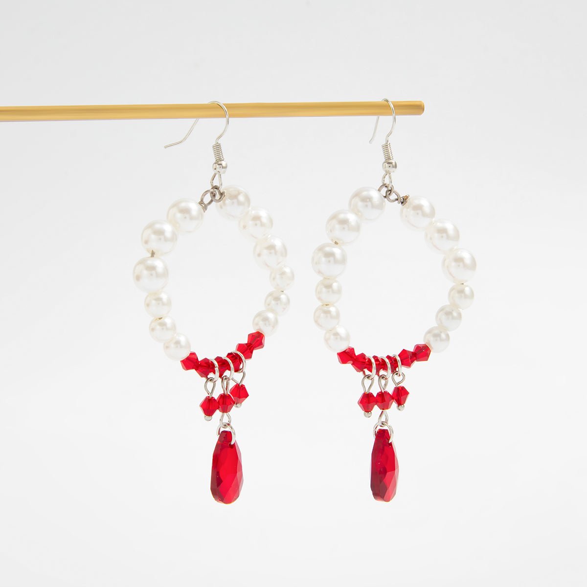 Chic Pearl Hoop Dangle Crystal Blood Drop Earrings - ArtGalleryZen