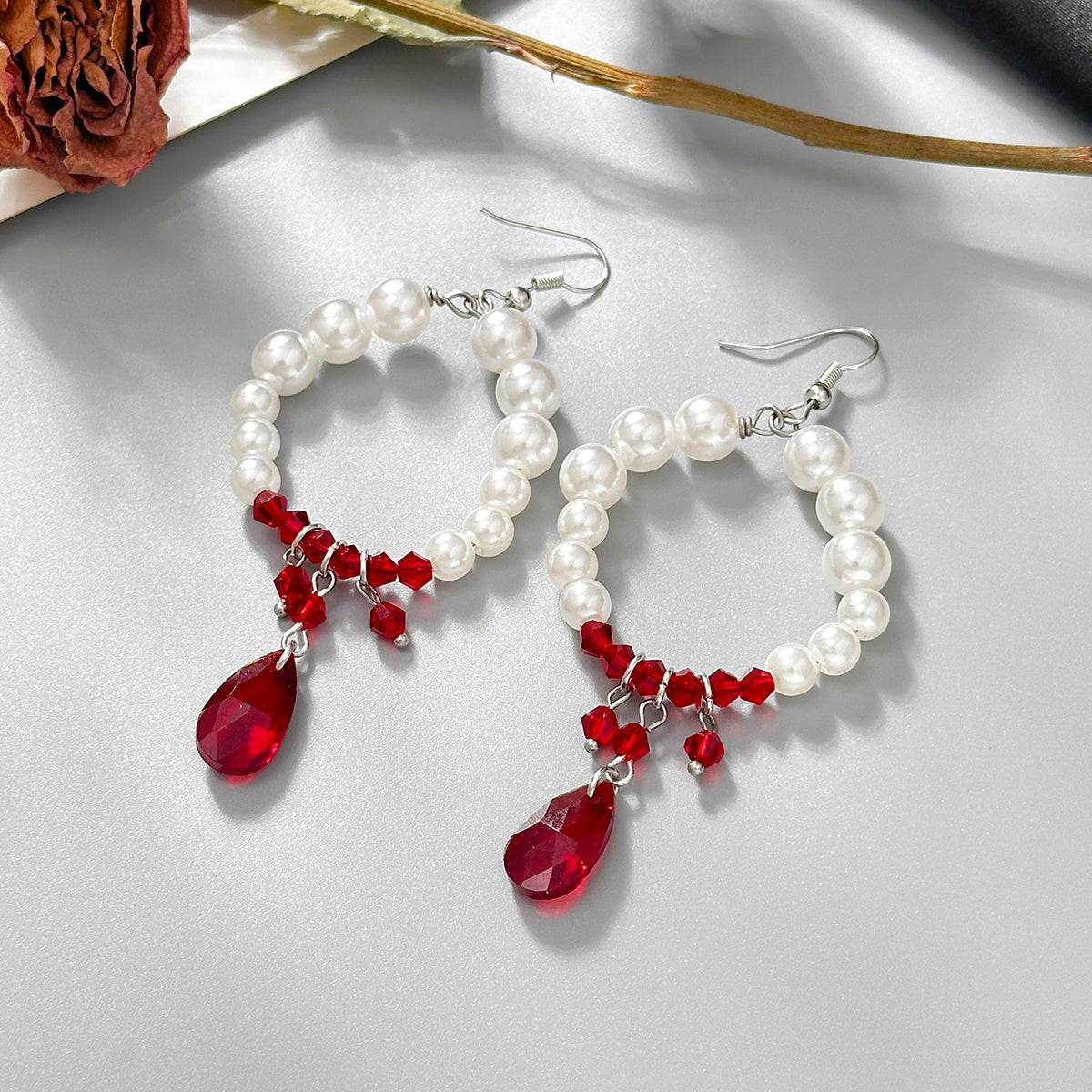 Chic Pearl Hoop Dangle Crystal Blood Drop Earrings - ArtGalleryZen