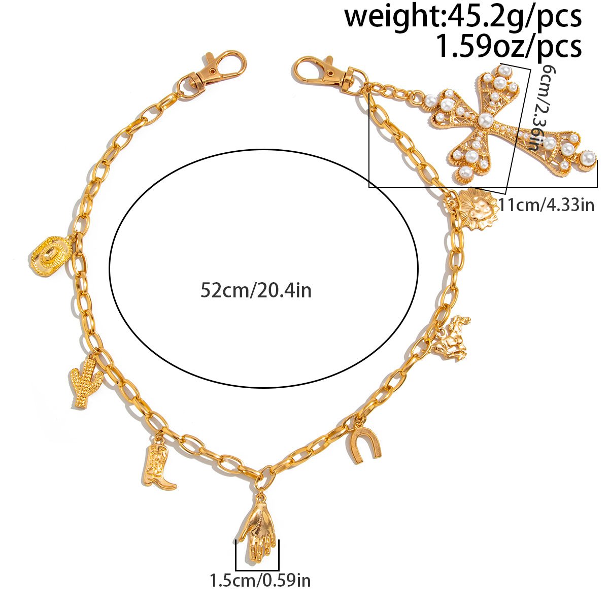 Chic Pearl Inlaid Cross Cowboy Hat Cactus Pendant Trouser Chain - ArtGalleryZen