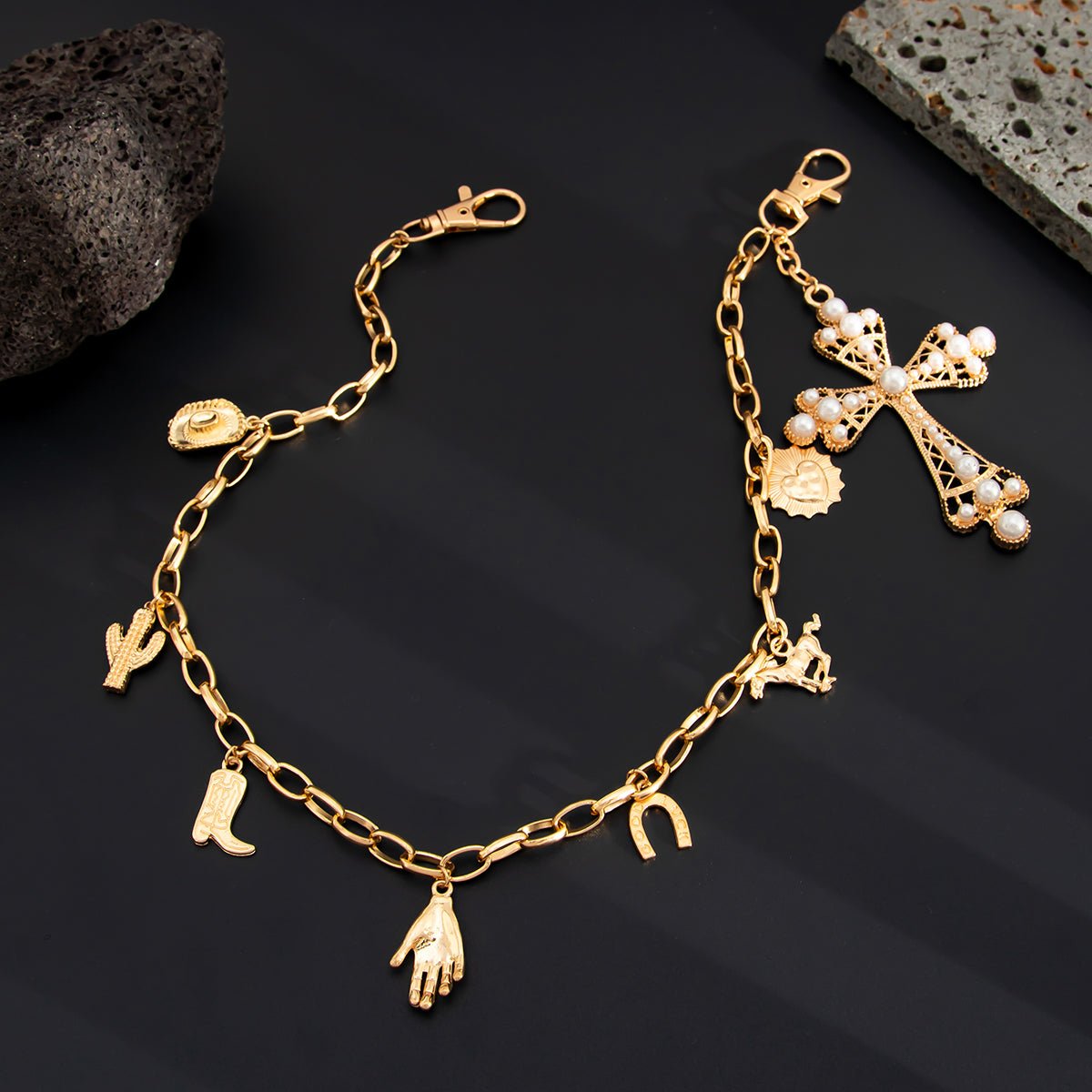 Chic Pearl Inlaid Cross Cowboy Hat Cactus Pendant Trouser Chain - ArtGalleryZen