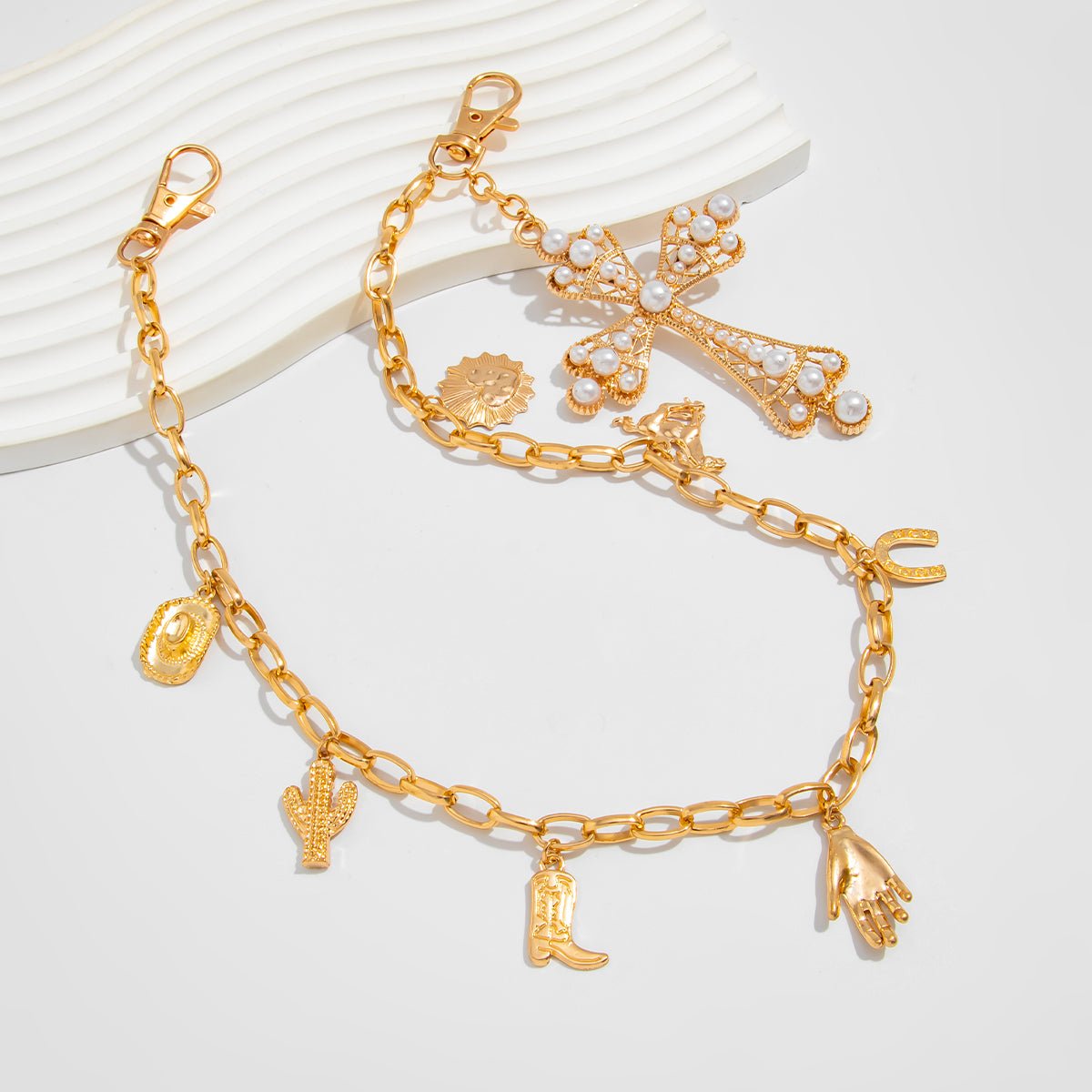 Chic Pearl Inlaid Cross Cowboy Hat Cactus Pendant Trouser Chain - ArtGalleryZen