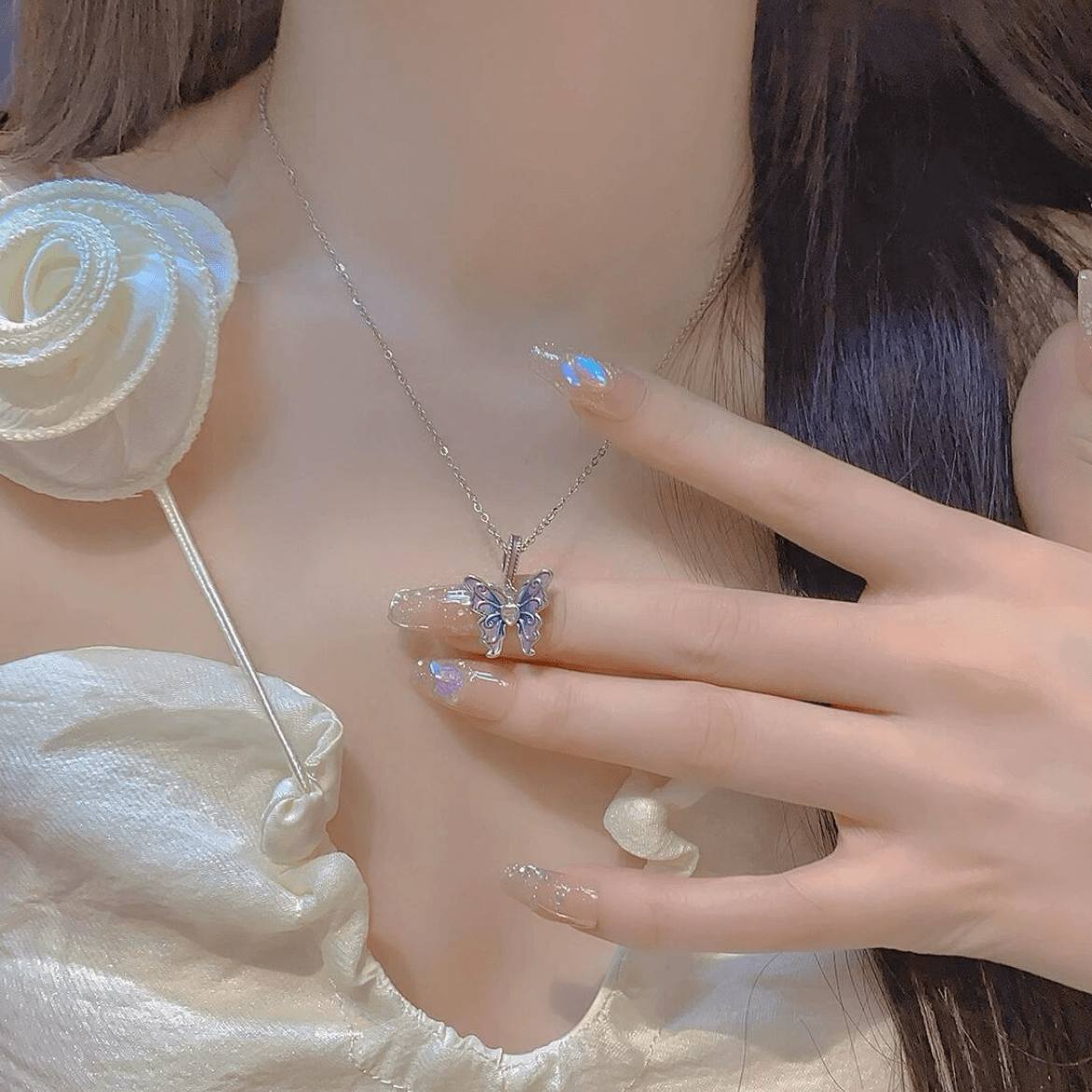 Chic Pink Blue Gradient Enamel Butterfly Necklace - ArtGalleryZen