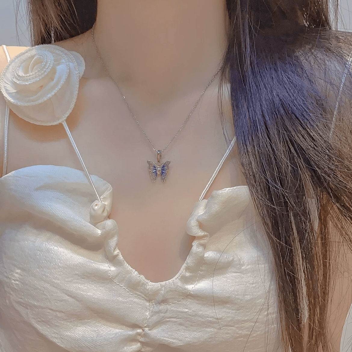 Chic Pink Blue Gradient Enamel Butterfly Necklace - ArtGalleryZen