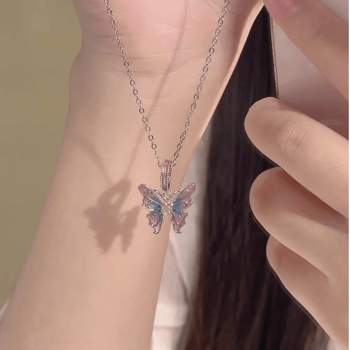 Chic Pink Blue Gradient Enamel Butterfly Necklace - ArtGalleryZen
