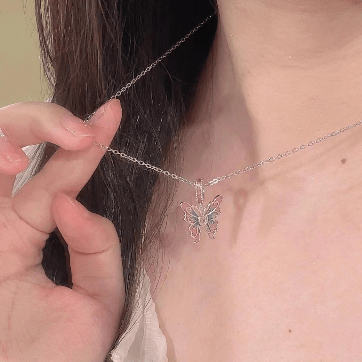 Chic Pink Blue Gradient Enamel Butterfly Necklace - ArtGalleryZen