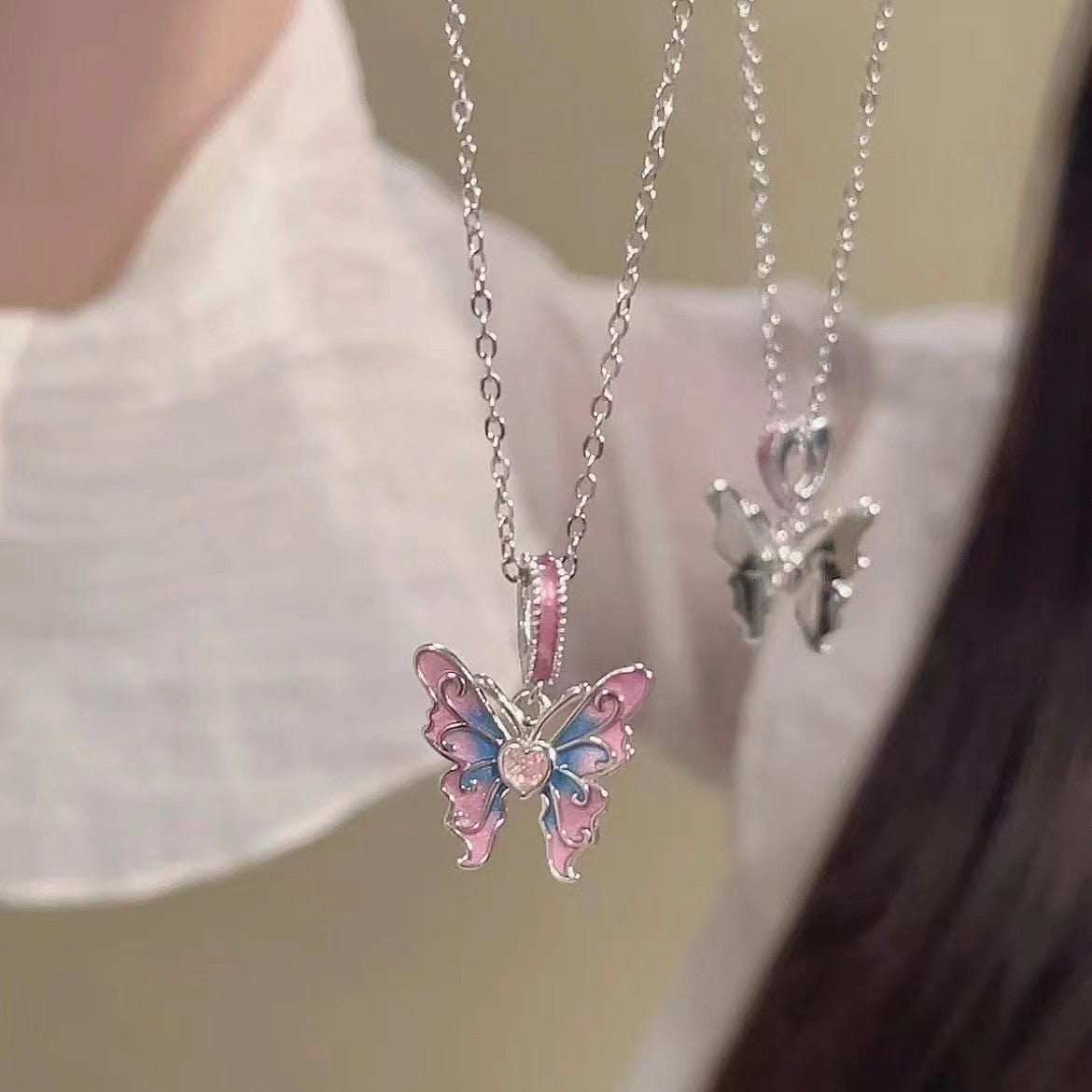 Chic Pink Blue Gradient Enamel Butterfly Necklace