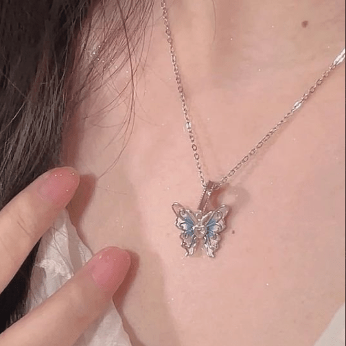 Chic Pink Blue Gradient Enamel Butterfly Necklace