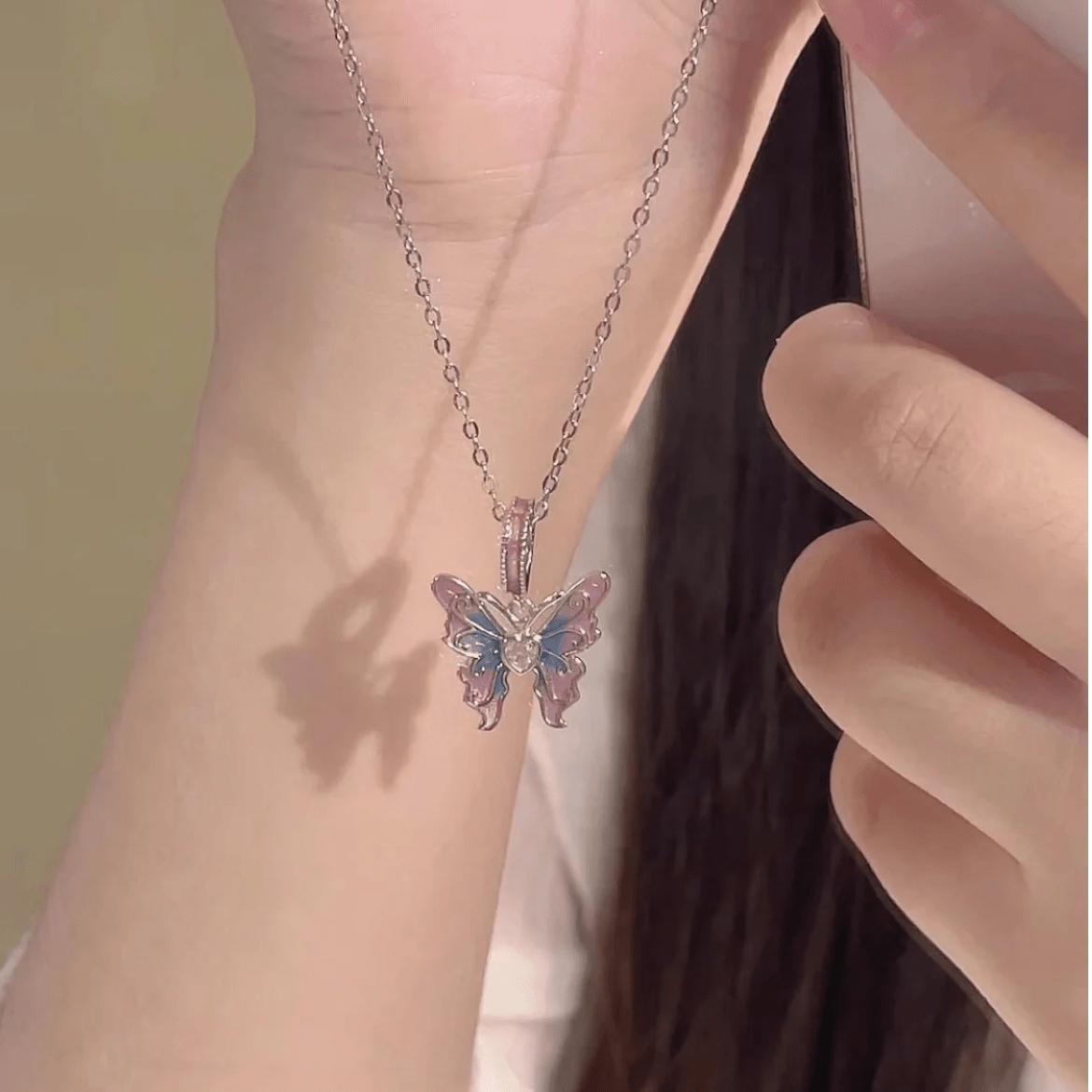 Chic Pink Blue Gradient Enamel Butterfly Necklace