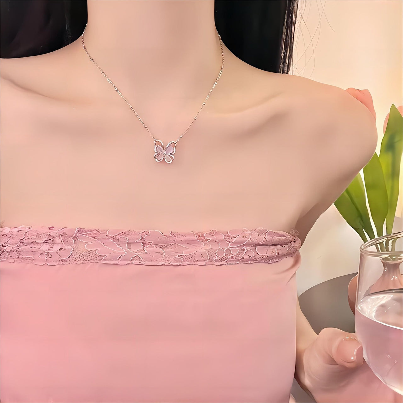 Chic Pink Cats Eye Stone Butterfly Necklace - ArtGalleryZen