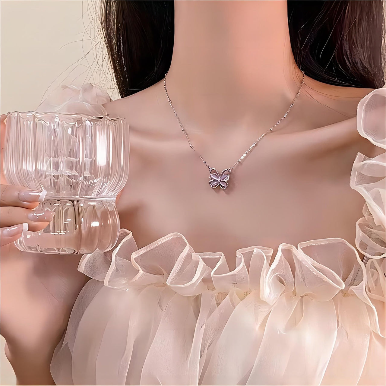 Chic Pink Cats Eye Stone Butterfly Necklace - ArtGalleryZen