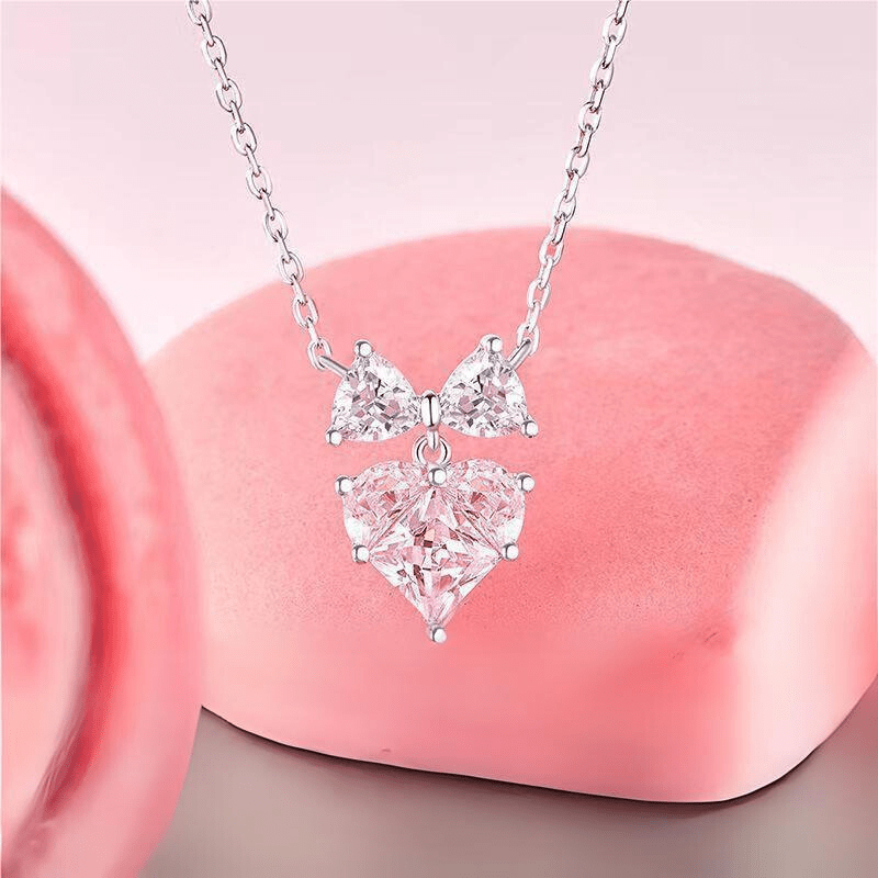 Chic Pink Crystal Bowknot Heart Necklace - ArtGalleryZen