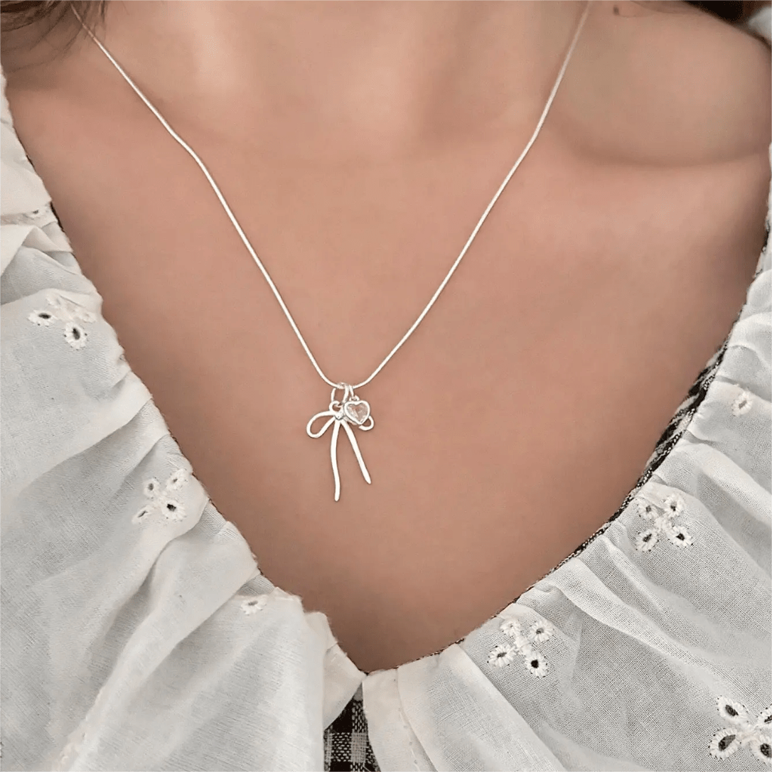 Chic Pink Crystal Heart Bowknot Pendant Necklace - ArtGalleryZen