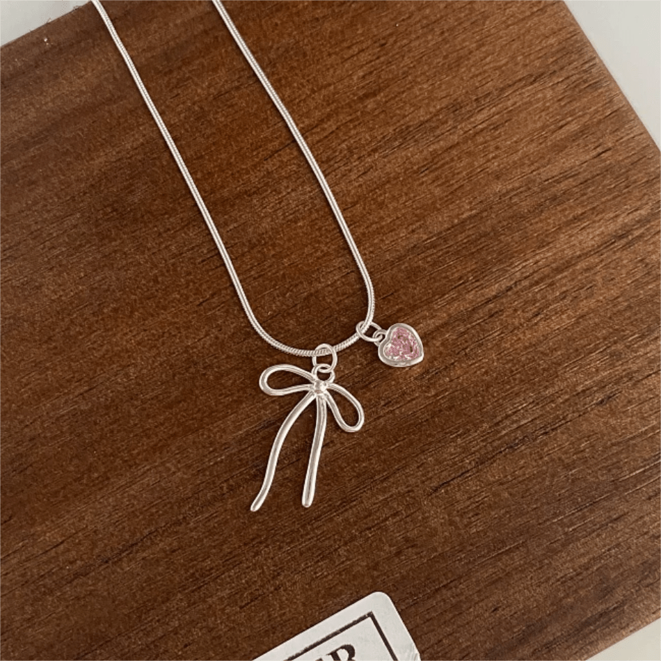 Chic Pink Crystal Heart Bowknot Pendant Necklace - ArtGalleryZen