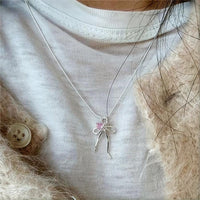 Thumbnail for Chic Pink Crystal Heart Bowknot Pendant Necklace