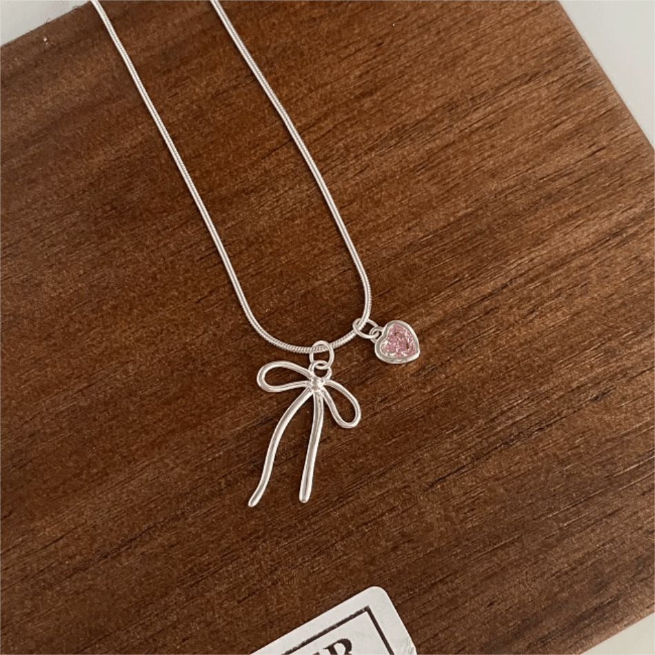 Chic Pink Crystal Heart Bowknot Pendant Necklace