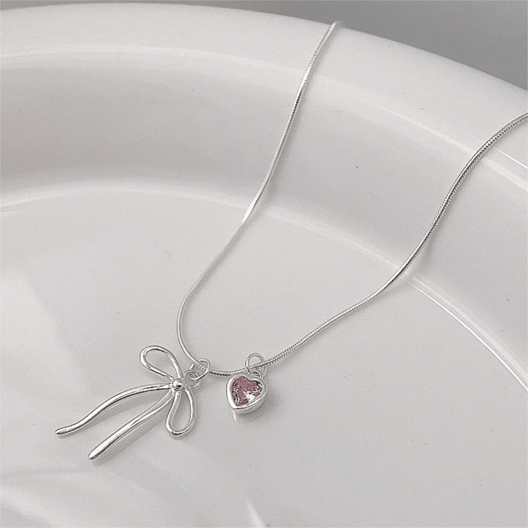 Chic Pink Crystal Heart Bowknot Pendant Necklace