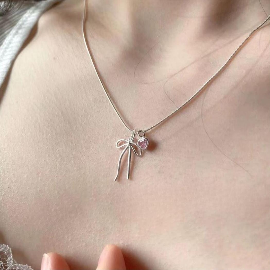 Chic Pink Crystal Heart Bowknot Pendant Necklace