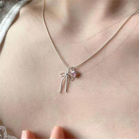 Thumbnail for Chic Pink Crystal Heart Bowknot Pendant Necklace