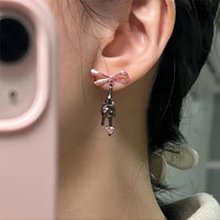 Thumbnail for Chic Pink Crystal Heart Dangling Ribbon Cat Earrings - ArtGalleryZen