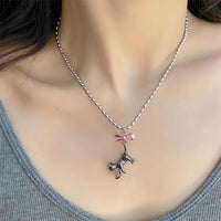 Thumbnail for Chic Pink Crystal Heart Ribbon Cat Pendant Necklace - ArtGalleryZen