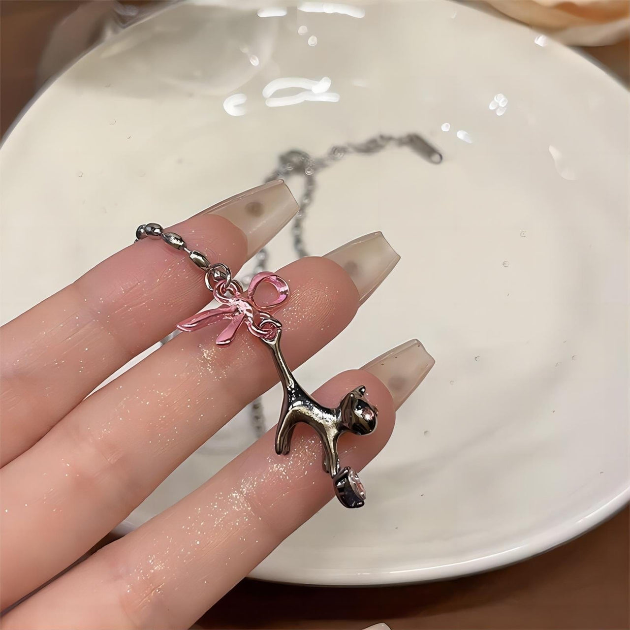 Chic Pink Crystal Heart Ribbon Cat Pendant Necklace - ArtGalleryZen