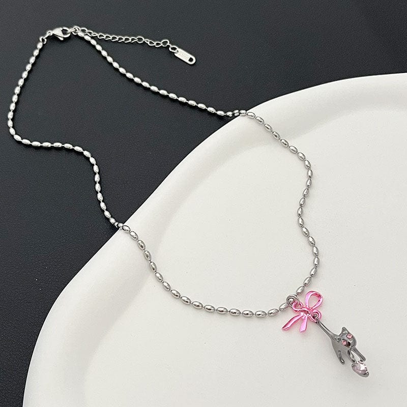 Chic Pink Crystal Heart Ribbon Cat Pendant Necklace - ArtGalleryZen