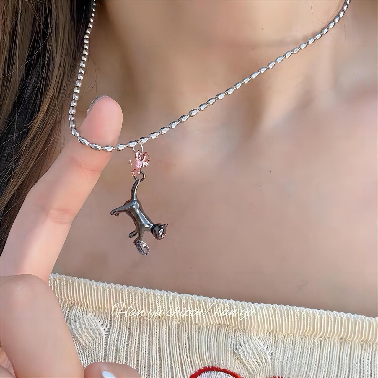 Chic Pink Crystal Heart Ribbon Cat Pendant Necklace - ArtGalleryZen