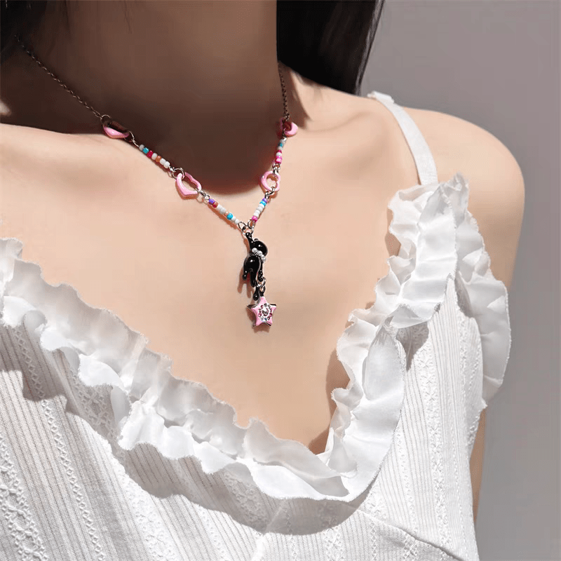 Chic Pink Heart Star Kitty Pendant Necklace - ArtGalleryZen