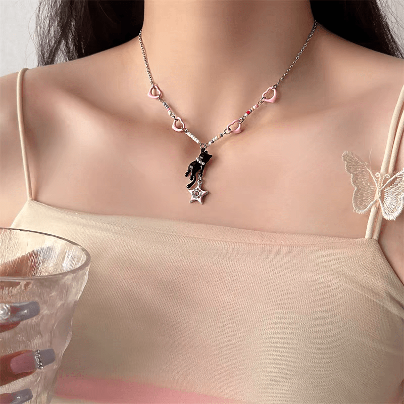 Chic Pink Heart Star Kitty Pendant Necklace - ArtGalleryZen