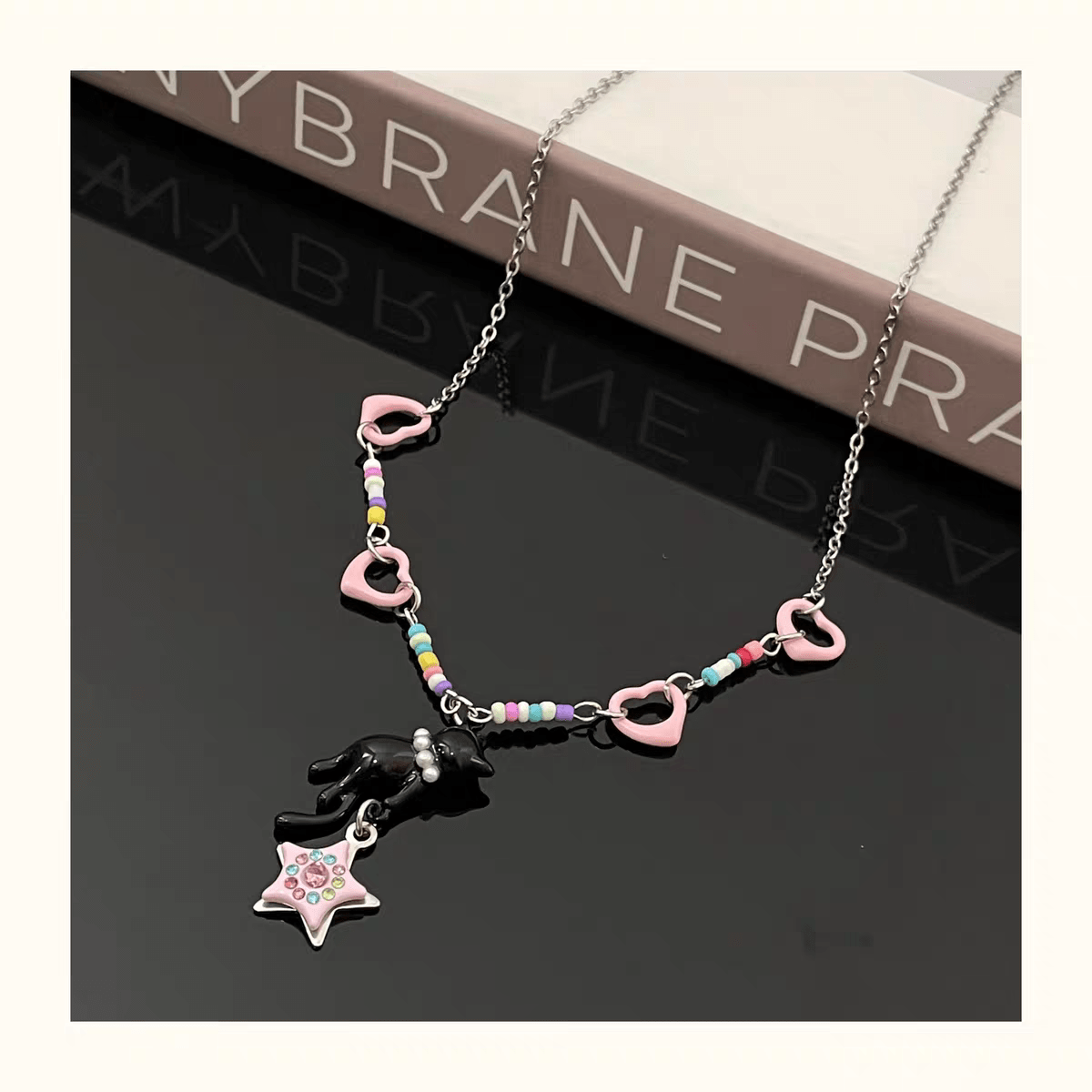 Chic Pink Heart Star Kitty Pendant Necklace - ArtGalleryZen