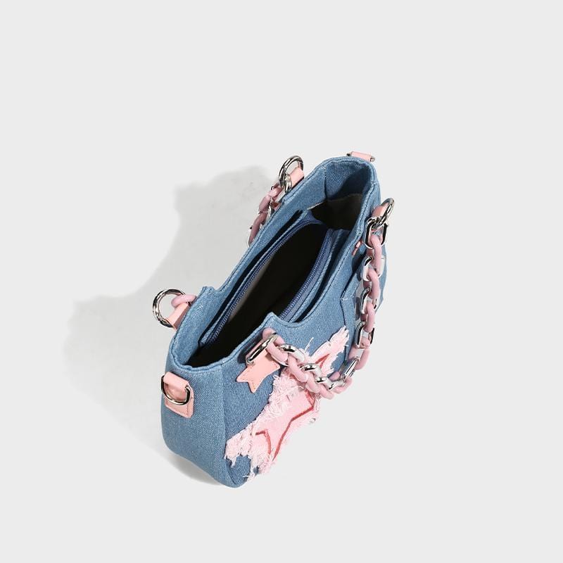 Chic Pink Star Acrylic Chain Denim Shoulder Crossbody Bag - ArtGalleryZen