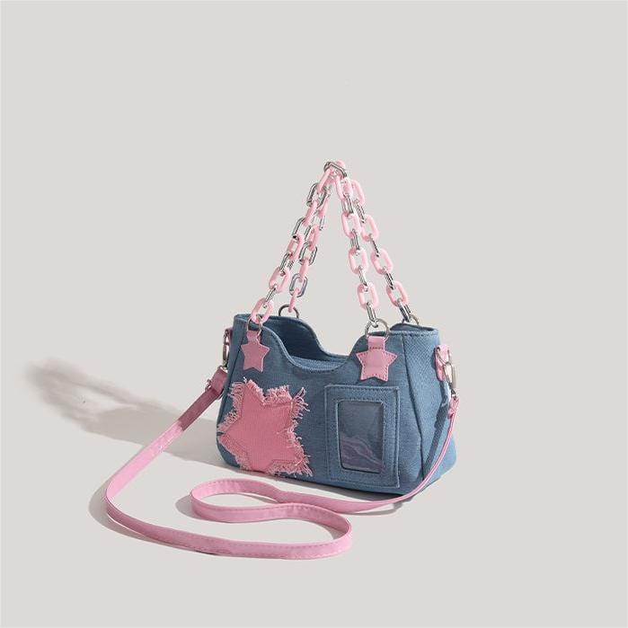 Chic Pink Star Acrylic Chain Denim Shoulder Crossbody Bag - ArtGalleryZen