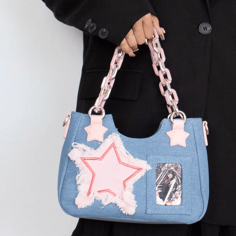 Chic Pink Star Acrylic Chain Denim Shoulder Crossbody Bag - ArtGalleryZen