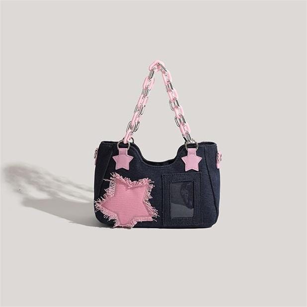 Chic Pink Star Acrylic Chain Denim Shoulder Crossbody Bag - ArtGalleryZen