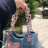 Thumbnail for Chic Pink Star Acrylic Chain Denim Shoulder Crossbody Bag - ArtGalleryZen