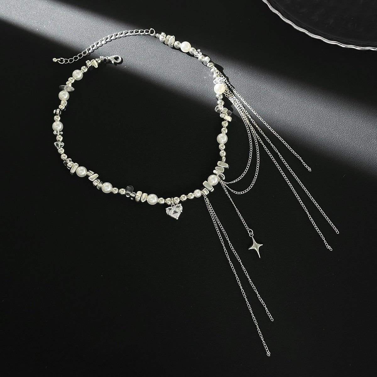 Chic Rhinestone Heart Pendant Pearl Irregular Beaded Chain Tassel Choker Necklace - ArtGalleryZen