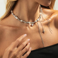 Thumbnail for Chic Rhinestone Heart Pendant Pearl Irregular Beaded Chain Tassel Choker Necklace - ArtGalleryZen