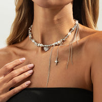 Thumbnail for Chic Rhinestone Heart Pendant Pearl Irregular Beaded Chain Tassel Choker Necklace - ArtGalleryZen
