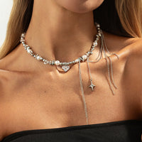 Thumbnail for Chic Rhinestone Heart Pendant Pearl Irregular Beaded Chain Tassel Choker Necklace - ArtGalleryZen
