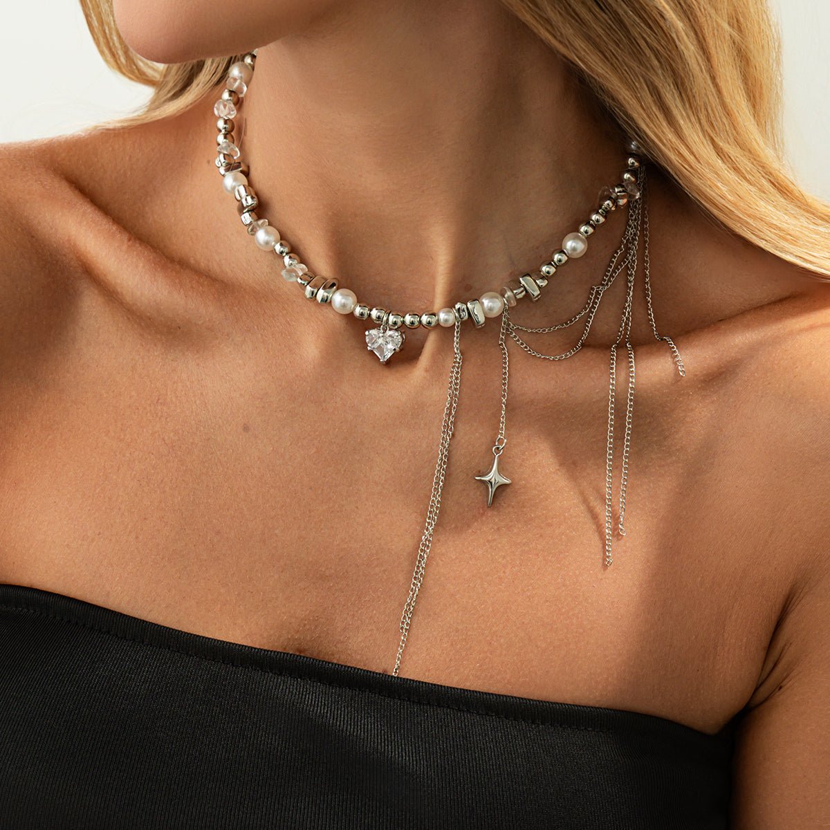 Chic Rhinestone Heart Pendant Pearl Irregular Beaded Chain Tassel Choker Necklace - ArtGalleryZen
