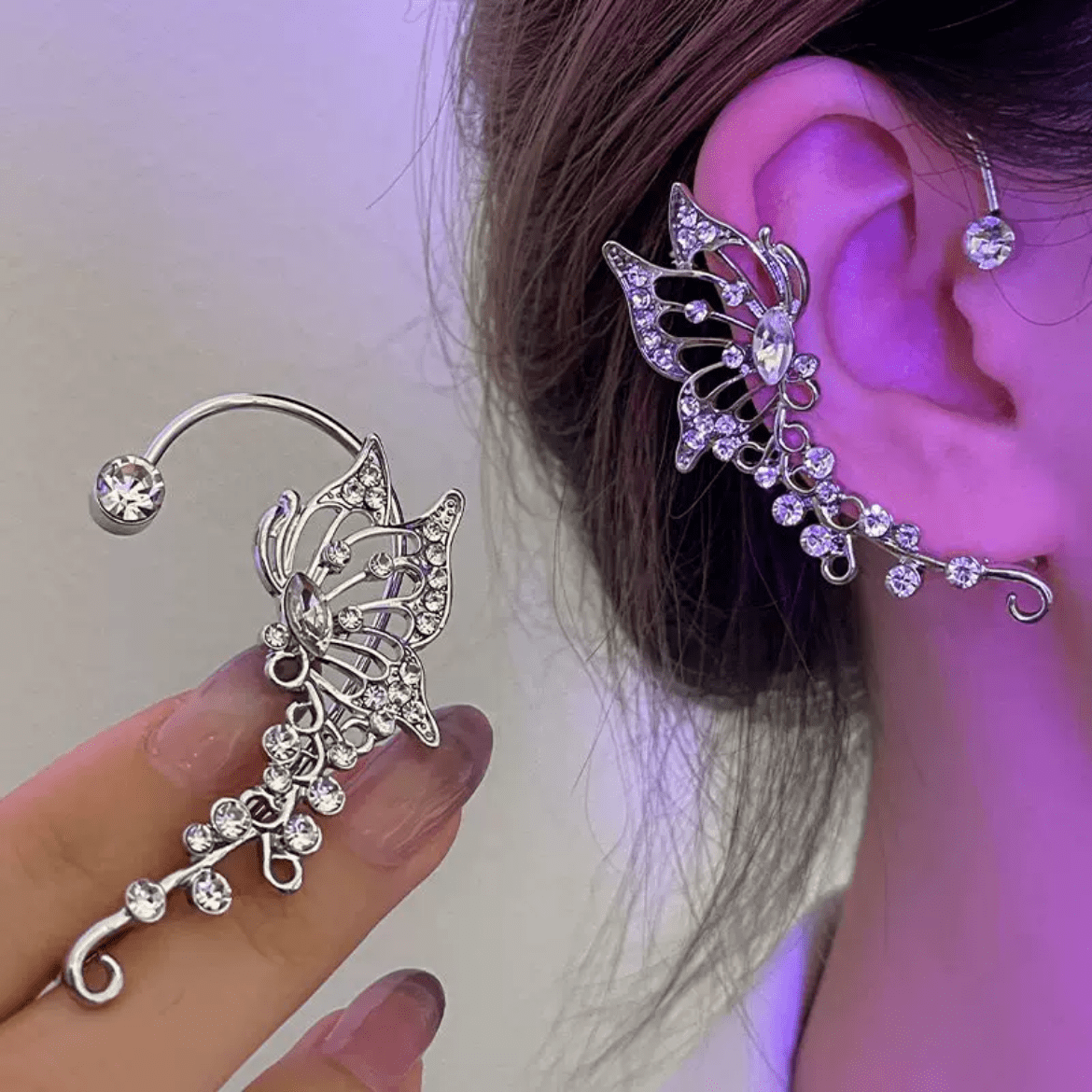 Chic Rhinestone Inlaid Butterfly Shape Ear Cuff Climber Crawler Wrap Earring - ArtGalleryZen