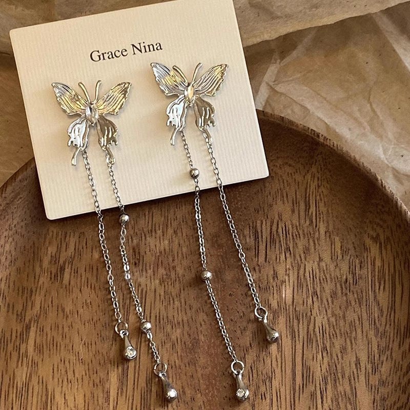 Chic Rhinestone Inlaid Butterfly Tassel Chain Earrings - ArtGalleryZen