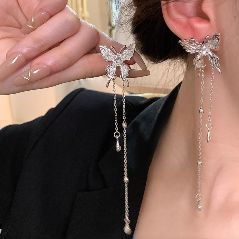 Chic Rhinestone Inlaid Butterfly Tassel Chain Earrings - ArtGalleryZen