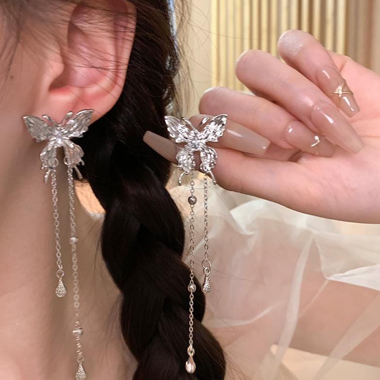Chic Rhinestone Inlaid Butterfly Tassel Chain Earrings - ArtGalleryZen