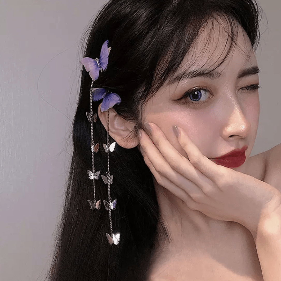 Chic Rhinestone Inlaid Gradient Butterfly Tassel Chain Hair Clip - ArtGalleryZen