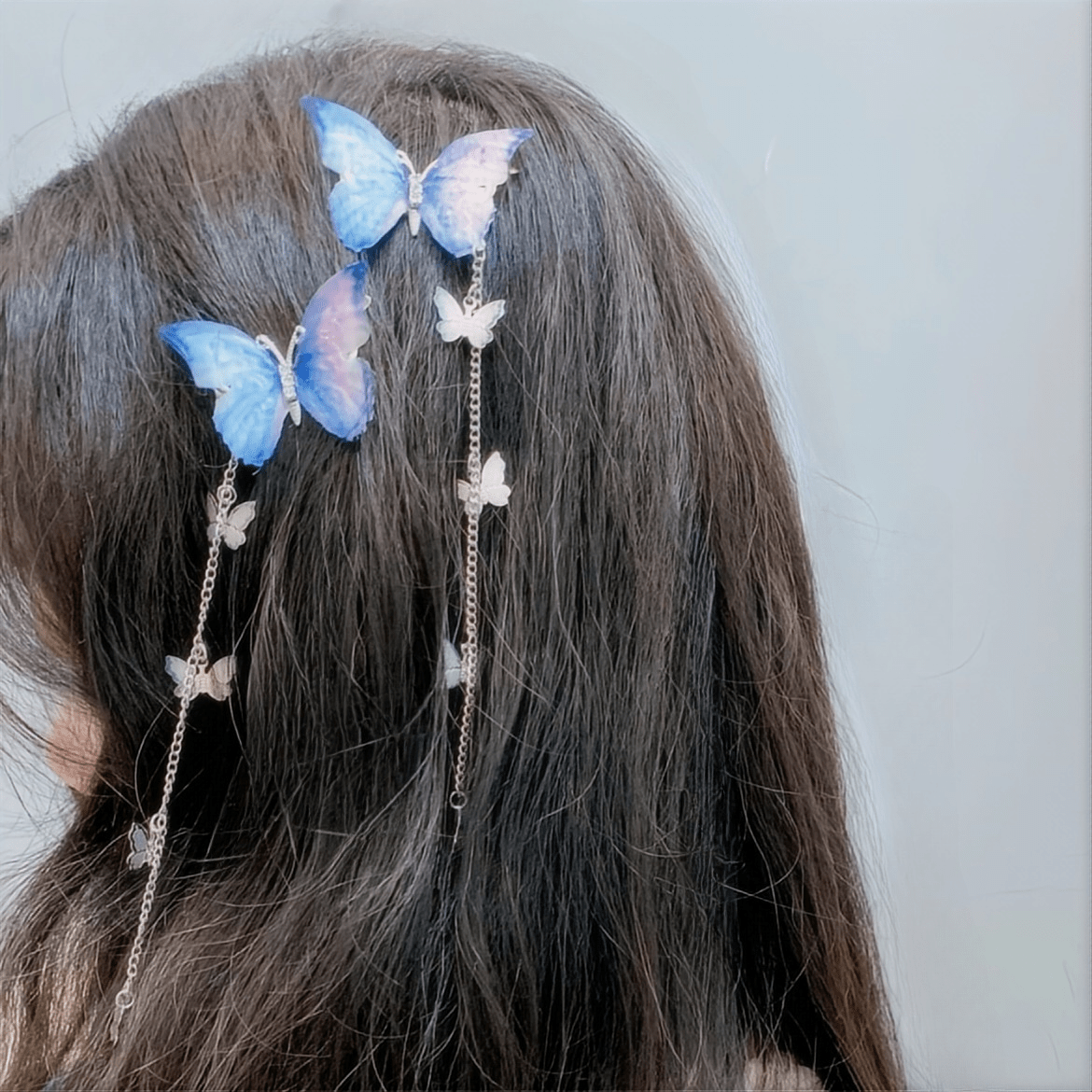 Chic Rhinestone Inlaid Gradient Butterfly Tassel Chain Hair Clip