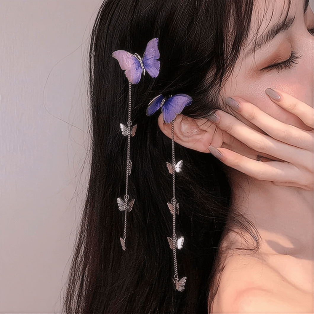 Chic Rhinestone Inlaid Gradient Butterfly Tassel Chain Hair Clip