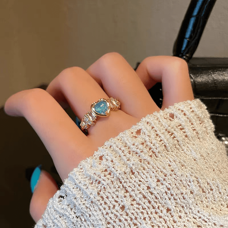 Chic Rhinestone Inlaid Opal Heart Ring - ArtGalleryZen